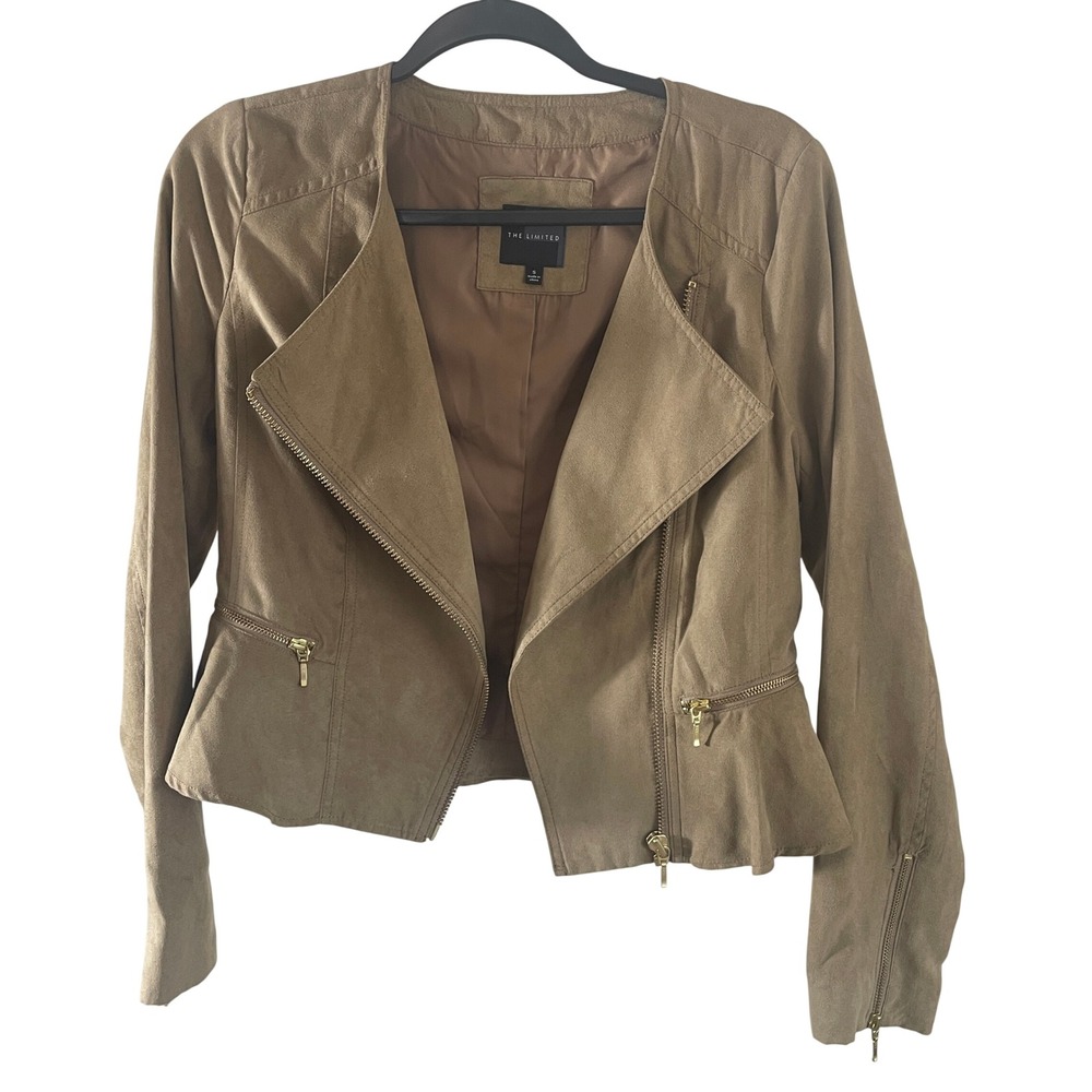 The Limited Womens Preppy Faux Suede Peplum Jacket S Tan Moto Biker Lightweight